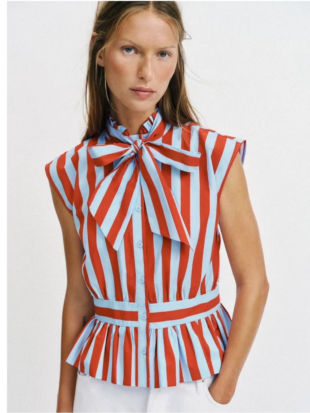 ZARA Red Blue Striped Sleeveless Shirt Bow Tie Ruffle Peplum Blouse Womens M NWT